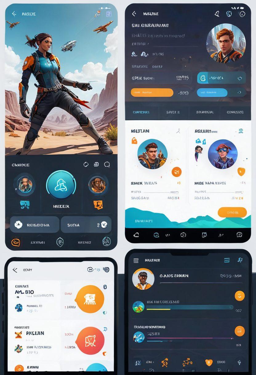 A dynamic scene showcasing a seamless integration of game mechanics into a user experience design, featuring a split layout of a game interface and a mobile app design side by side. Illustrate elements like scoreboards, intuitive controls, and engaging animations flowing between the two. Include playful characters interacting with the UI components, symbolizing the transition from play to performance. The color palette should be vibrant and lively, with a touch of futuristic aesthetics. super-realistic. vibrant colors. white background.