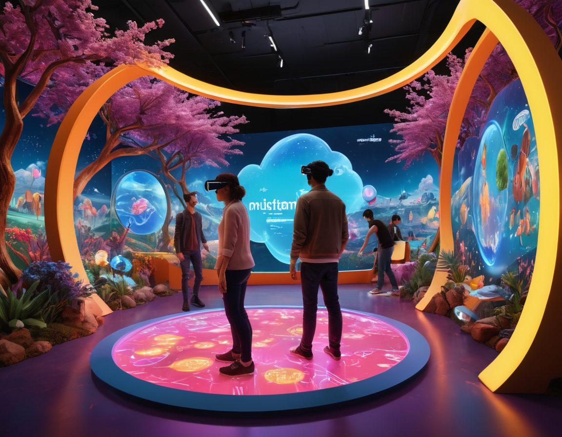 A futuristic scene depicting diverse users engaging with interactive technology in a playful environment, showcasing holographic interfaces, playful designs, and colorful projections. The atmosphere should feel dynamic and immersive, emphasizing joy and creativity. Include elements like virtual reality headsets, gamified objects, and vibrant landscapes. super-realistic. vibrant colors. 3D.