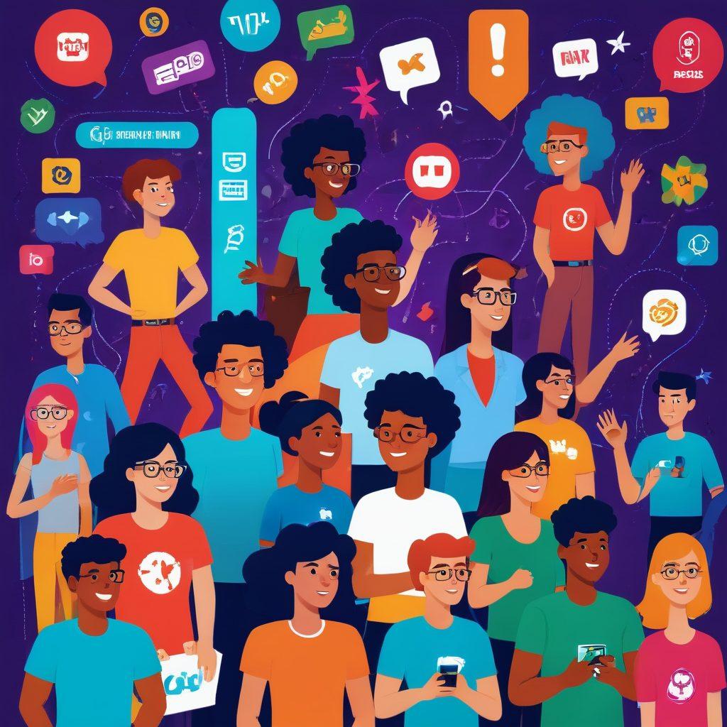 A vibrant, whimsical illustration showcasing a diverse group of people engaging joyfully with gamified elements in a digital interface. Include playful icons like badges, leaderboards, and rewards clearly visible, along with games like puzzles or challenges in action. Highlight dynamic interactions, facial expressions of excitement, and an overall sense of community and fun. Use bright colors and modern design elements to evoke energy and creativity. vector art. vibrant colors.